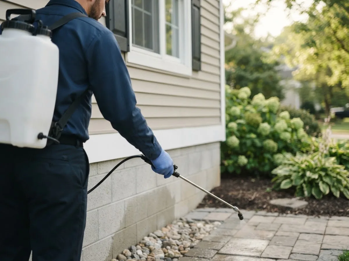 Pest control technician inspecting a home in Metcalf, IL